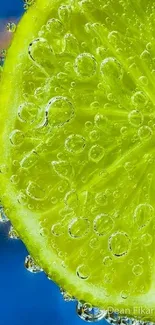 Close-up of a lemon slice with water droplets on a blue background, vibrant and refreshing.