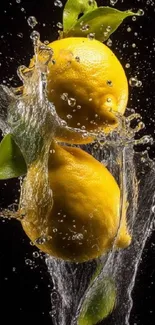 Lemons splashing in dynamic water on dark background.