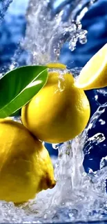 Dynamic lemon splash mobile wallpaper with a vivid blue background.