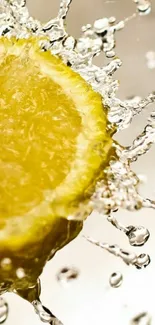 A vibrant lemon slice with splashing water droplets on a mobile wallpaper.