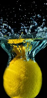 Lemon splashing into water on a dark backdrop, creating a vibrant effect.