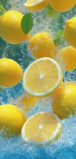 Lemons splashing in refreshing blue water.
