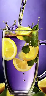 Glass of lemon slices with water splash on a purple background.