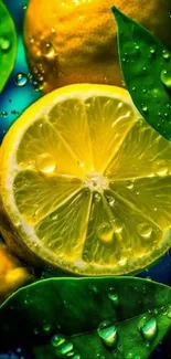 Bright lemon with green leaves wallpaper, water droplets shine.