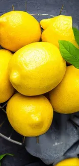 Vibrant yellow lemons with green leaves on a dark background.