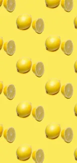 Seamless pattern of yellow lemons on a bright yellow background.