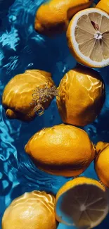 Bright lemons floating on blue water surface, vibrant and refreshing.