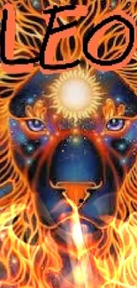 Dynamic Leo lion art wallpaper with fiery orange tones and cosmic elements.