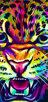 Vibrant abstract leopard artwork in vivid colors for a mobile wallpaper.