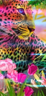 Colorful leopard with vibrant flowers in a vivid mobile wallpaper.