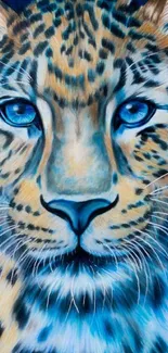 Vibrant leopard with blue eyes digital artwork as phone wallpaper.