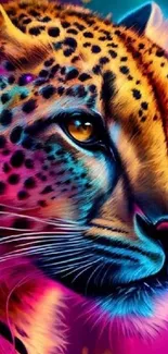 Vibrant leopard artwork with neon pink and blue hues.