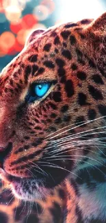 Vibrant leopard with blue eyes on artistic wallpaper.