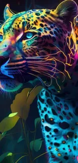 Vibrant neon leopard art wallpaper for mobile, capturing colorful jungle aesthetics.