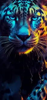 Vibrant leopard in dark blue and orange hues on a mobile wallpaper.