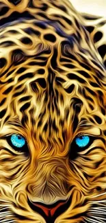 Leopard art wallpaper with vivid blue eyes and detailed fur pattern.