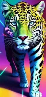 Colorful digital art of a leopard with rainbow hues on a vibrant background.