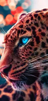 Vibrant leopard portrait with blue eyes and bokeh background.