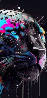 Colorful leopard head with vibrant splashes on black.