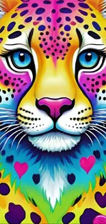 Vibrant leopard artwork with colorful patterns and striking blue eyes.