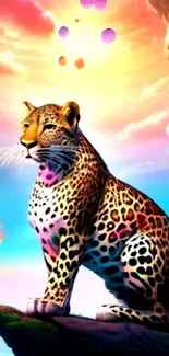 Fantasy artwork of a vibrant leopard in a surreal landscape with colorful skies.