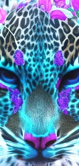 Digitally enhanced leopard with vibrant floral elements in fantasy style.