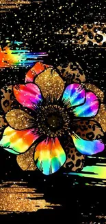 Vibrant rainbow flower with leopard print on black background.