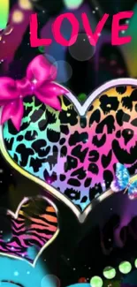 Colorful leopard heart wallpaper with bows and butterfly.