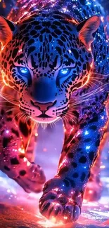 A neon-lit leopard walking forward, glowing brightly.