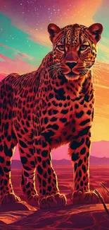 Artistic leopard standing in a vivid sunset landscape.