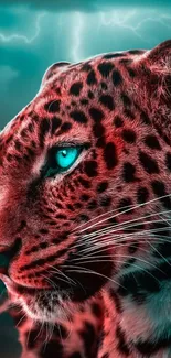 Leopard with teal eyes and lightning in vibrant colors.