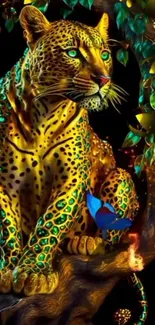 Vibrant mobile wallpaper with a leopard and a butterfly.