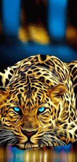 Leopard with blue eyes on vibrant background for mobile wallpaper.