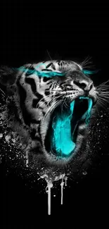 Neon-accented leopard roaring on black background, dynamic and artistic mobile wallpaper.