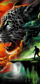 Artistic wallpaper with leopard and traveler in a vibrant fantasy nightscape.