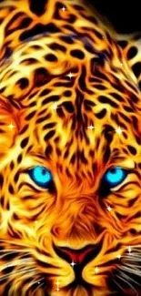 Vibrant leopard with blue eyes on phone wallpaper, showcasing vivid orange colors.