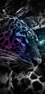 Vibrant leopard with teal and purple hues in an abstract background.