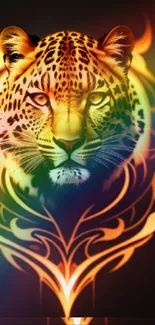 Colorful leopard artwork with fiery patterns on a vibrant background.