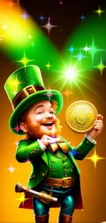 Colorful leprechaun fantasy wallpaper with gold coin and rainbow light.