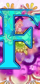 Colorful letter F wallpaper with floral and musical elements.