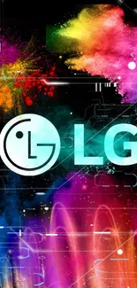 Colorful LG logo with vibrant splashes on black background.