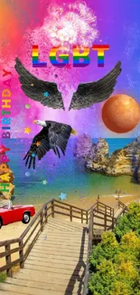 Vibrant birthday wallpaper with LGBT theme featuring eagle and beach.