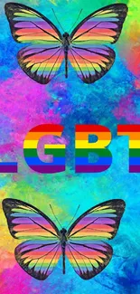 Vibrant LGBT-themed mobile wallpaper with rainbow butterflies.