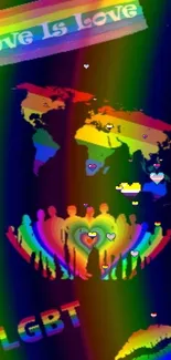 Vibrant LGBT pride wallpaper with rainbow map and love symbols.