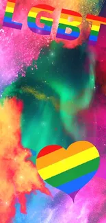 Colorful LGBT pride wallpaper with rainbow heart and text.