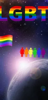 LGBT cosmic wallpaper with rainbow accents and galaxy background.