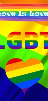 LGBT pride wallpaper with colorful rainbow flag and heart design.