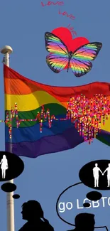 Vibrant rainbow flag with LGBTQ+ symbols.