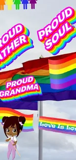 LGBTQ pride flags with supportive messages waving in the sky.