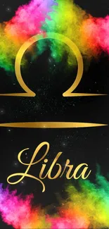 Vibrant Libra zodiac phone wallpaper with colorful cosmic background.